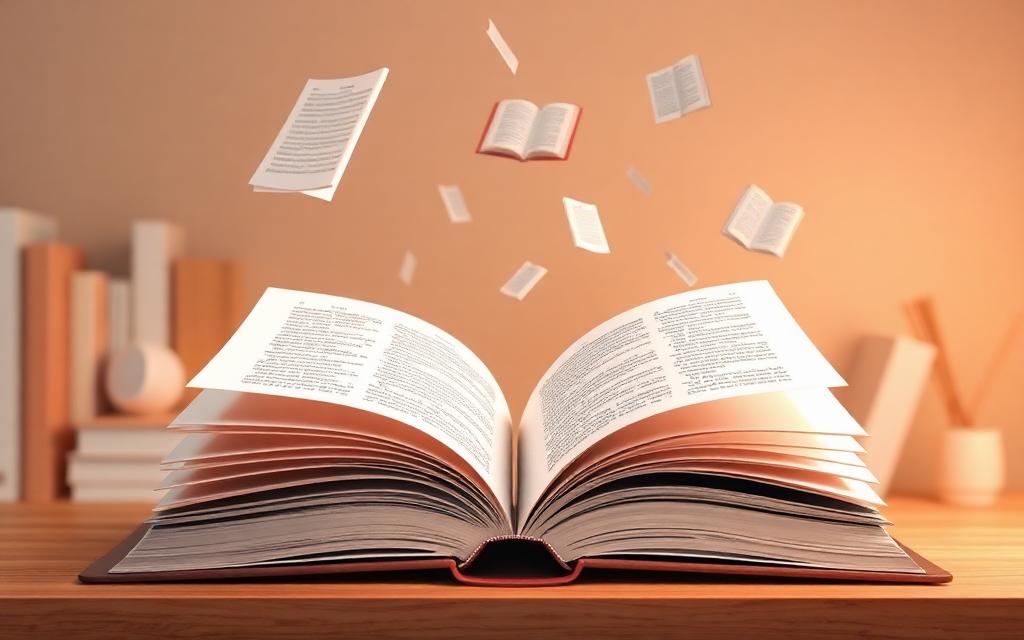 Open book with floating pages representing knowledge and content